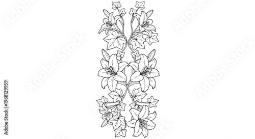 A detailed black and white line drawing of a bird perched on a branch