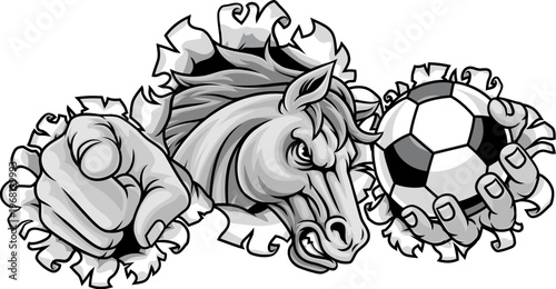 Horse mustang bronco stallion soccer football angry sports team mascot holding a ball.