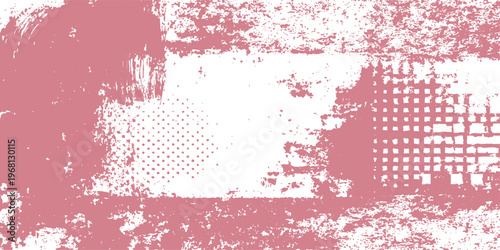 Abstract geometric collage featuring layered textures in a striking pink and white color palette.