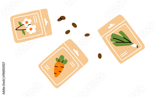 Vector set of gardening seed packets with carrot, flower and herb designs in flat design. Cute spring garden clipart for planner, packaging, sticker design. Farming and agriculture elements.