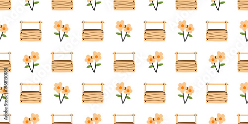Vector cute seamless pattern with wooden basket and cheerful orange flower on white background in rustic flat style. Spring decor, labels, wrapping paper, garden theme. Agriculture, farm repeat print.