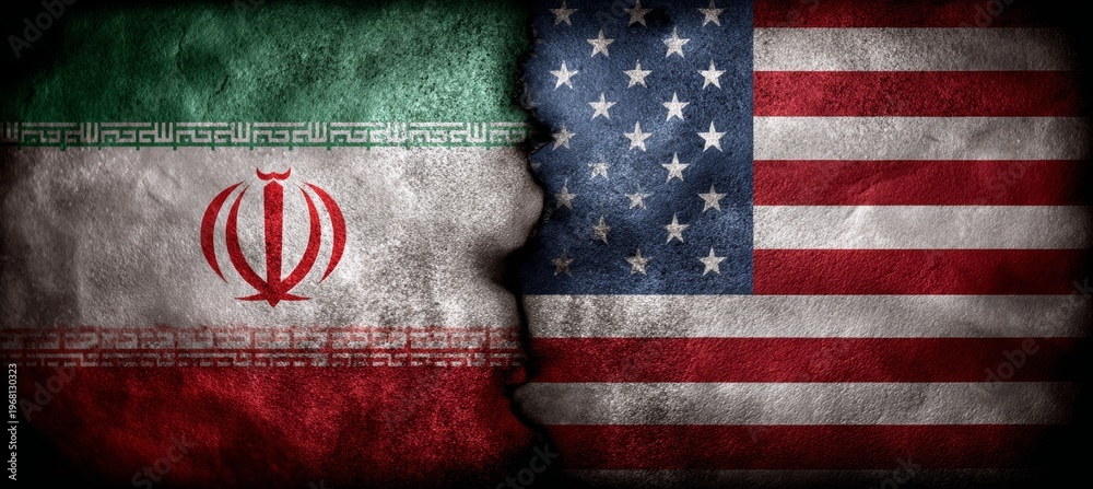 Obraz premium Iran and America flags. Country rivalry tension. Generative AI technology. 