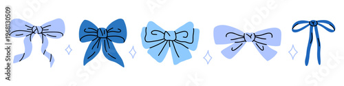 Vector set of cute blue bow ribbons. Hand drawn decorative bow collection for greeting card, birthday banner, winter holiday invitation, social media, gift packaging, baby shower, trendy design.