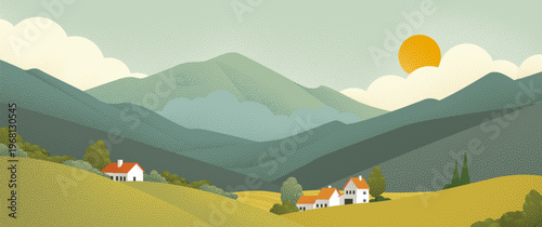 Fields rolling hills and mountains farm landscape background illustration with countryside mountains, sunrise sun, clouds and trees. Original rural background drawing in vintage pointillism dot style