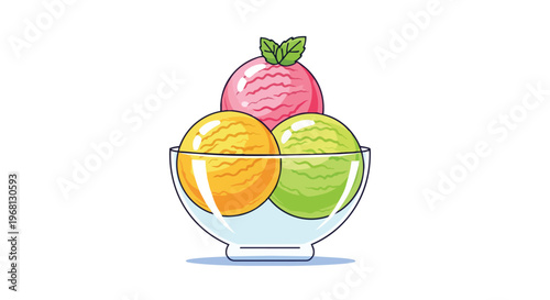 Three delightful ice cream scoops, featuring pink, yellow, and green varieties, presented in a transparent glass bowl, an inviting sweet dessert