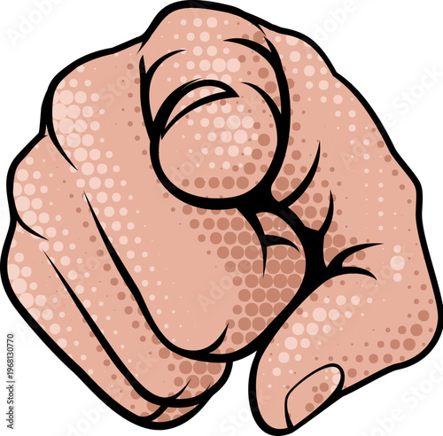 A pointing finger forward wants oe needs you halftone comicbook popart style hand illustration.