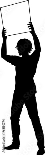Protestor or demonstrator at a demonstration march, picket line or strike protest rally in silhouette. Holding up a banner or picket sign board placard.
