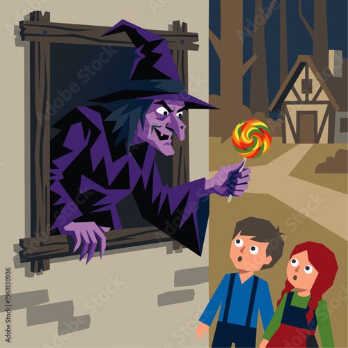 The Witch's Trap: A graphic portrait of the Witch, composed of jagged purple and black shapes, leaning out of a window and offering a brightly colored lollipop. Hansel and Gretel are shown looking up 