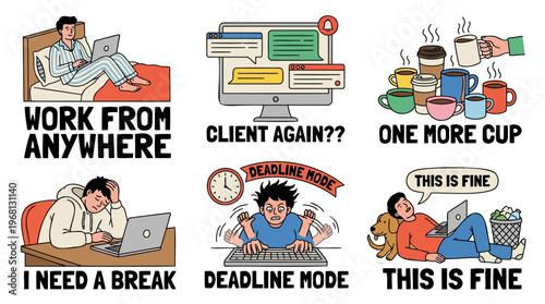 Freelance chaos cartoon sticker set flat vector featuring work from bed client message notification coffee overload needing a break deadline mode panic and burnout with this is fine meme concept