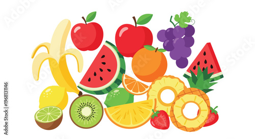 A vibrant medley of fresh, wholesome, diverse fruits emphasizing natural sweetness, balanced nutrition, and an energetic lifestyle. This colorful