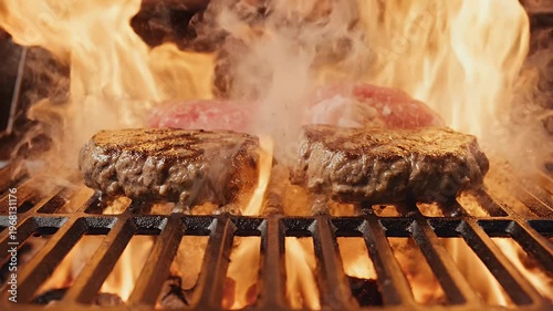 Two beef patties sizzle and smoke on a hot grill with flames licking upward