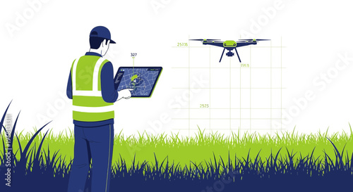 Drone Pilot Controlling Aircraft with Tablet, Aerial Surveying Technology