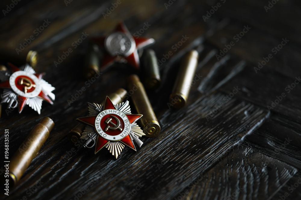Naklejka premium Patriotic War Order and battle order for courage and bravery on George Ribbon background for the great day of Victory (russian text: Patriotic War)