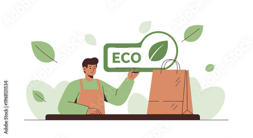 Eco-friendly Shopping Bag and Person with Green Leaf Icon