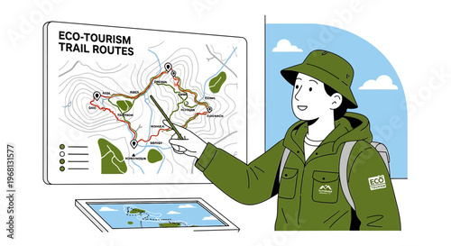 Eco-tourism Guide Explains Trail Routes Map on Interactive Display