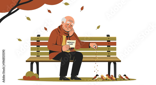 Elderly Man Feeding Birds on Park Bench in Autumn