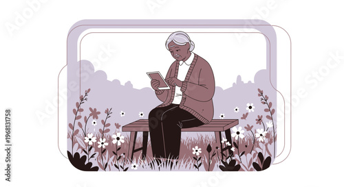Elderly Woman Reading Book on Bench in Floral Garden