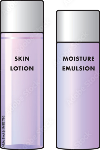 シンプルな化粧水と乳液のボトルセット（英語表記・主線あり）