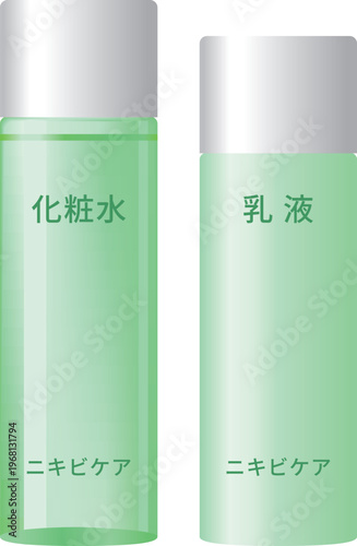 シンプルな化粧水と乳液のボトルセット（ニキビケア）