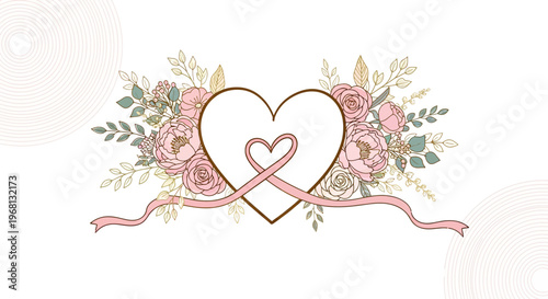 Elegant Heart Frame with Pink Roses and Leaves, Romantic Floral Design