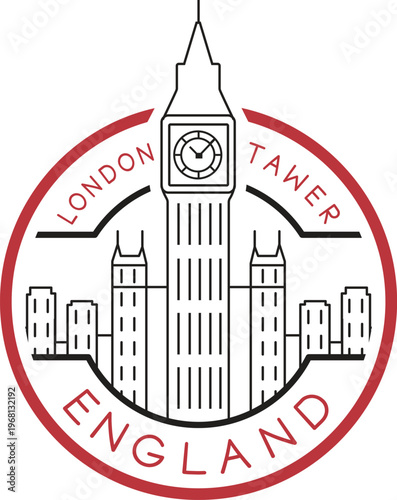 PrintMinimalist Elizabeth Tower Big Ben line drawing emblem with red circular border, London England landmark illustration, iconic travel design for tourism, architecture, and cultural art