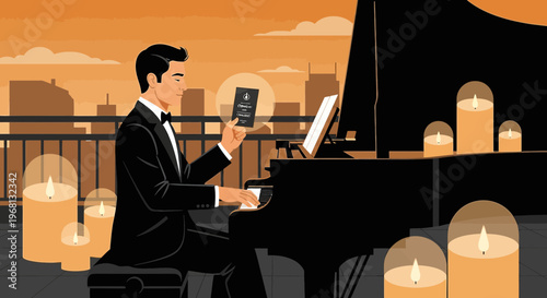 Elegant Man Plays Piano on Rooftop at Sunset with Candles and Cityscape