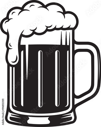 Foamy beer mug with overflowing head of frothy bubbles and handle on the right side