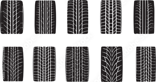 Varied tire tread patterns displayed in a comparative black and white illustration