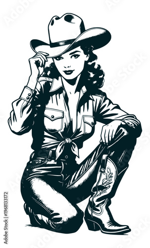 Cowgirl pin-up kneeling illustration