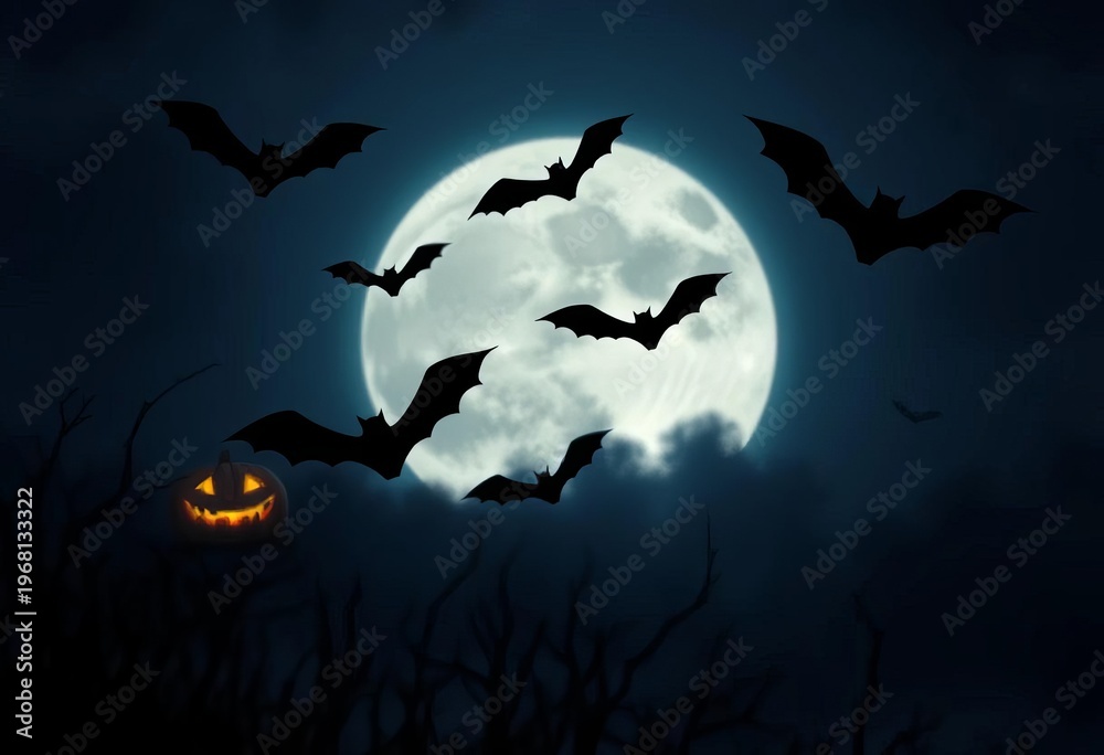 Fototapeta premium Spooky Halloween bat silhouettes against a moonlit night sky, flying mammal, creepy