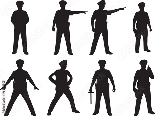 Collection of black silhouettes of police officers in various professional poses and stances