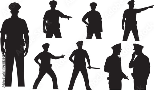 Collection of black silhouettes representing police officers in various professional poses