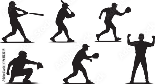 Six black silhouettes of baseball players in various action poses on a white background