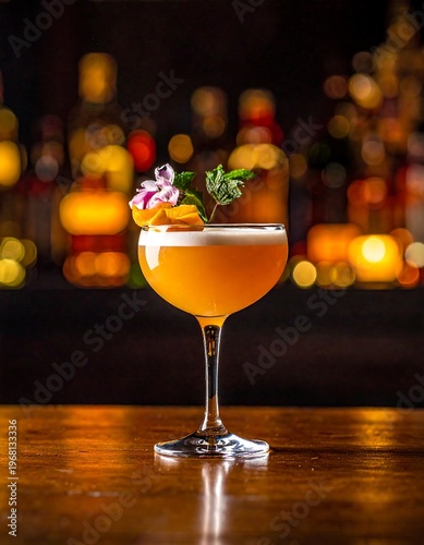 Cocktail with flower garnish on wooden table.