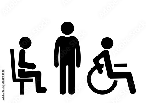 Set of three symbols, sitting and standing person, wheelchair, icons for public transport, buses, trains, trolleybuses, trams, number of seats in a vehicle, vector