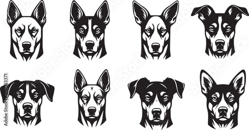 Eight stylized black and white dog breed portraits in monochrome illustration