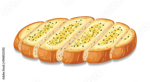 Golden aromatic garlic bread slices illustration, perfectly toasted with butter and vibrant green herbs. A delicious appetizer or side dish graphic,