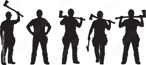Five silhouettes holding different tools in a ready stance formation