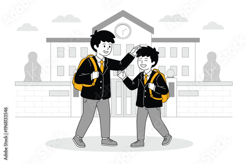 Schoolboys Greeting Each Other at School Gate
