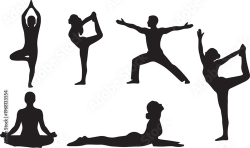 Five yoga poses and two meditative positions illustrated in black and white silhouettes