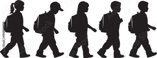Five silhouettes of children walking with backpacks in various styles