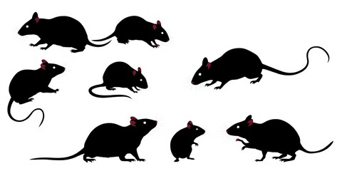 Five rat silhouettes in various poses against a white background,  wildlife,  silhouette set