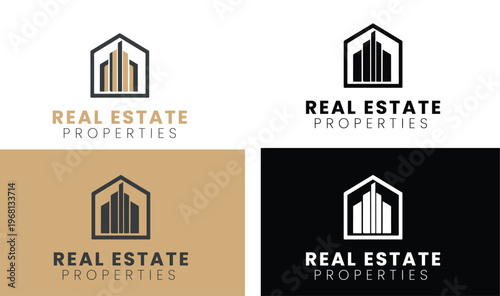 Modern real estate logo design set, professional property management branding icons, minimalist house and skyscraper vector illustrations