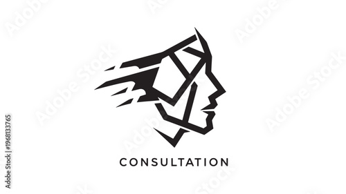 A modern abstract logo featuring a geometric face in black lines on a white background, representing consultation services with a sleek and professional look.