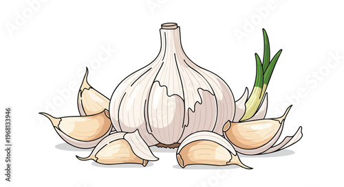 Fresh garlic bulb and its separated cloves elegantly depicted in a vibrant cartoon style with one clove showing a green sprout symbolising growth