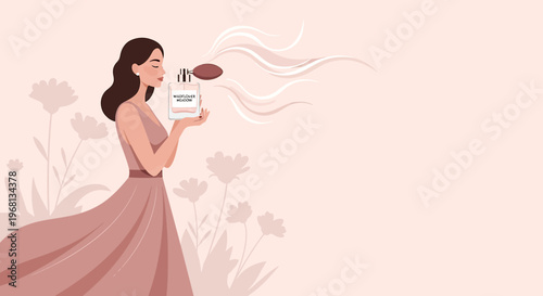 Elegant Woman Perfume Spraying with Floral Background