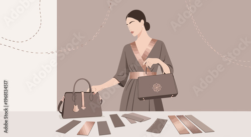 Elegant Woman with Luxury Handbags and Swatches, Fashion Illustration
