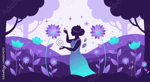 Enchanted Woman in Magical Garden with Glowing Flowers and Stars