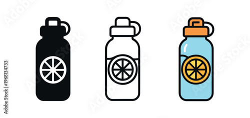 Reusable water bottle with citrus slice icon set. hydration, lemon water, sports bottle, fitness, outdoor, healthy lifestyle, eco friendly. line, flat and colored vector icon set.