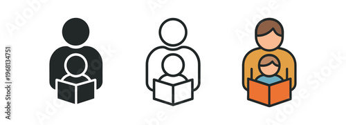 Parent reading child icon set. family reading, parent and kid, storytime, education, bonding, literacy, childcare. line, flat and colored vector icon set.